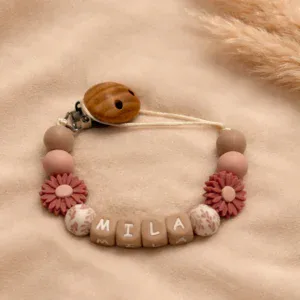 Speenkoord met naam - Beige & Rouge Bloom