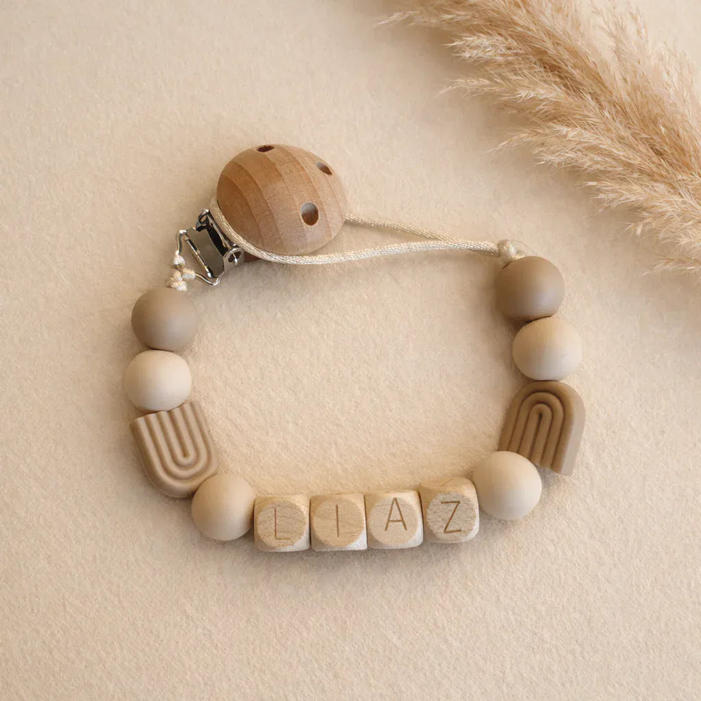 Speenkoord met naam - Beige & Naturel