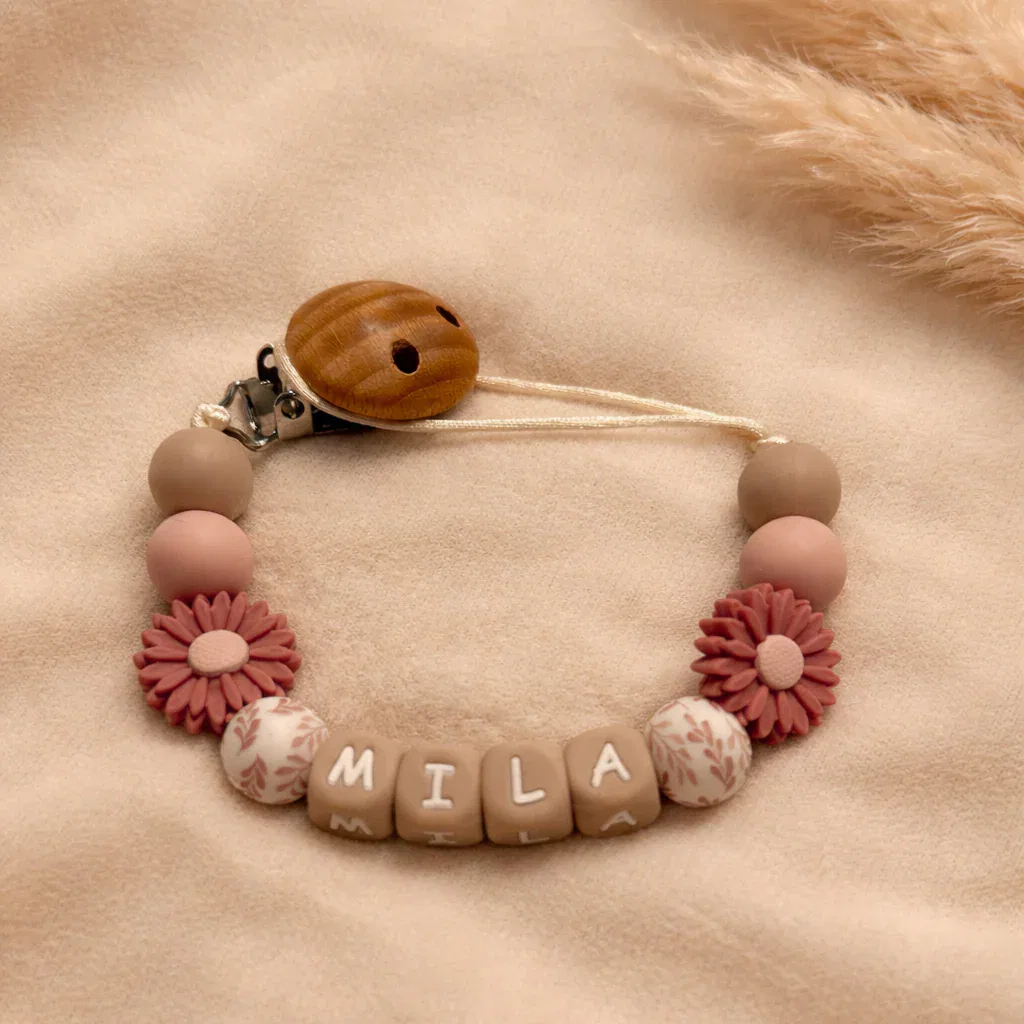 Speenkoord met naam - Beige & Rouge Bloom